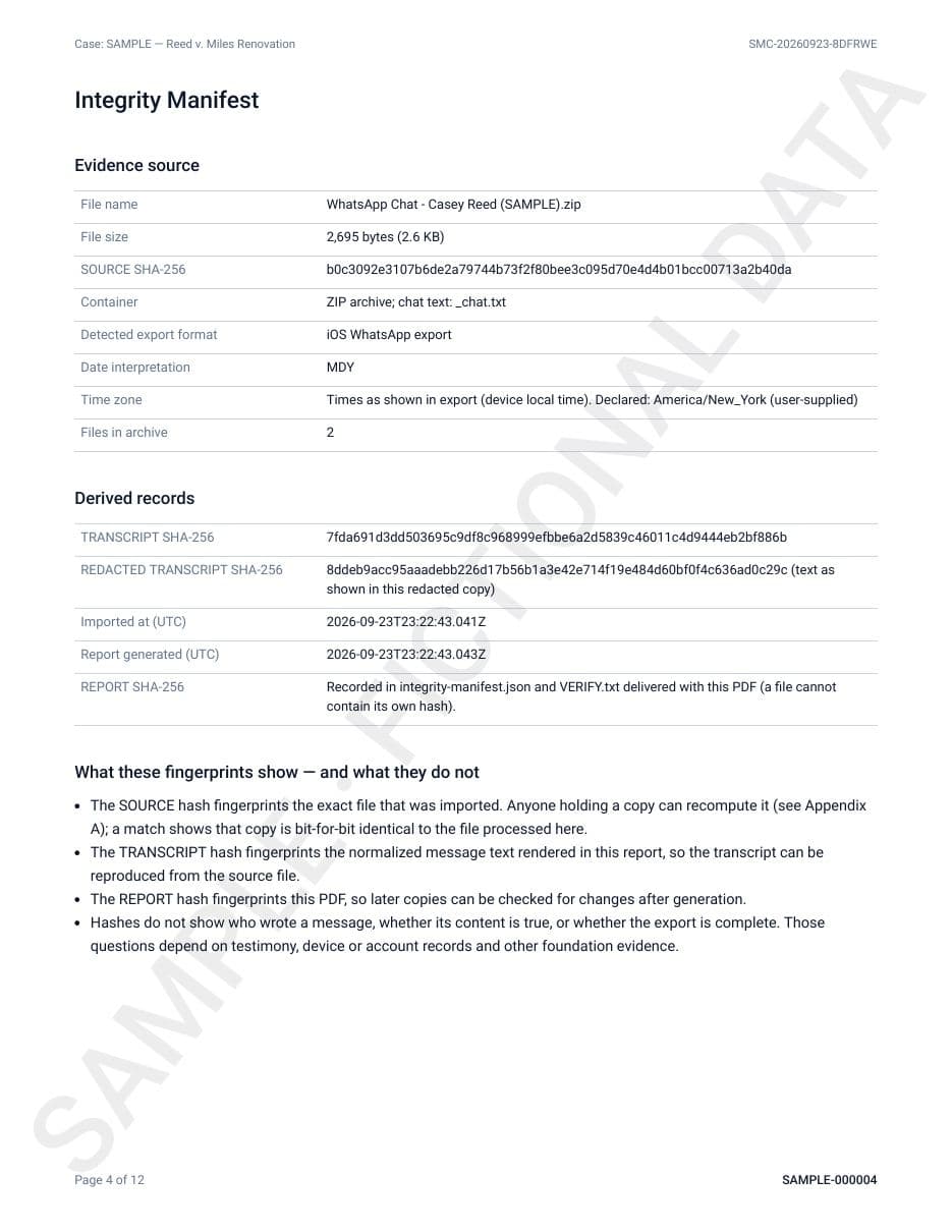 Sample report page 4: Integrity manifest