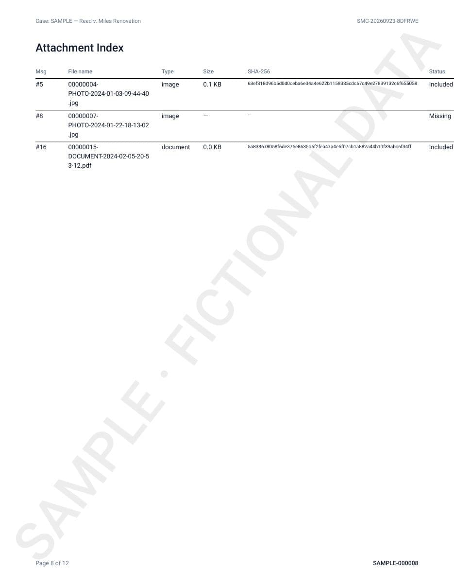 Sample report page 8: Attachment index