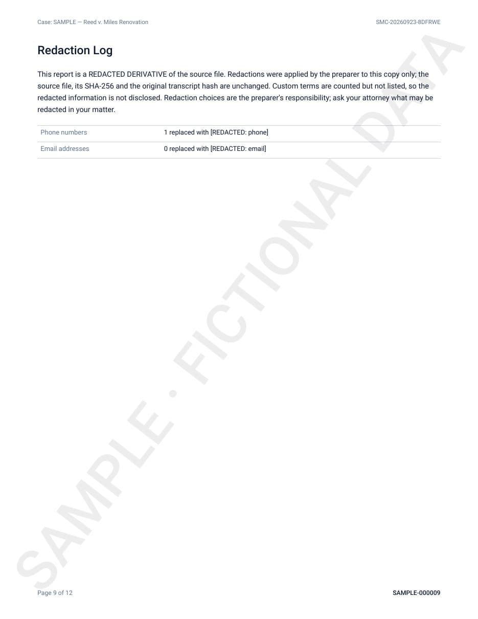 Sample report page 9: Redaction log