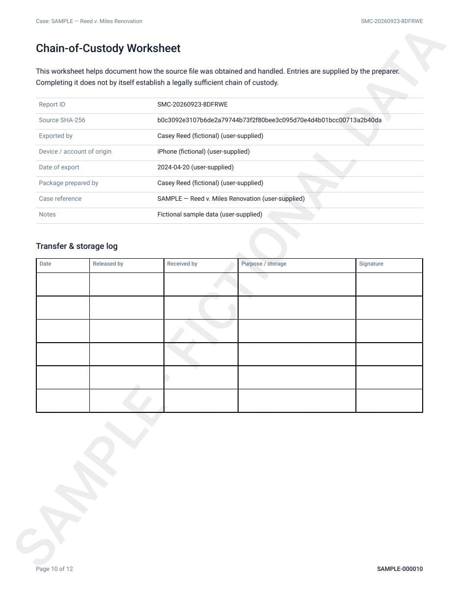 Sample report page 10: Chain-of-custody worksheet