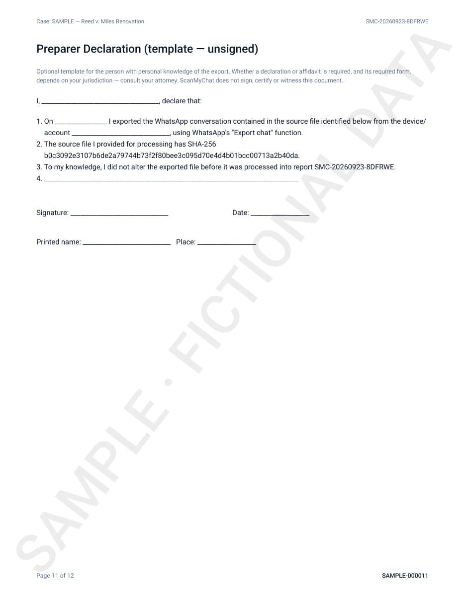 Sample report page 11: Preparer declaration template