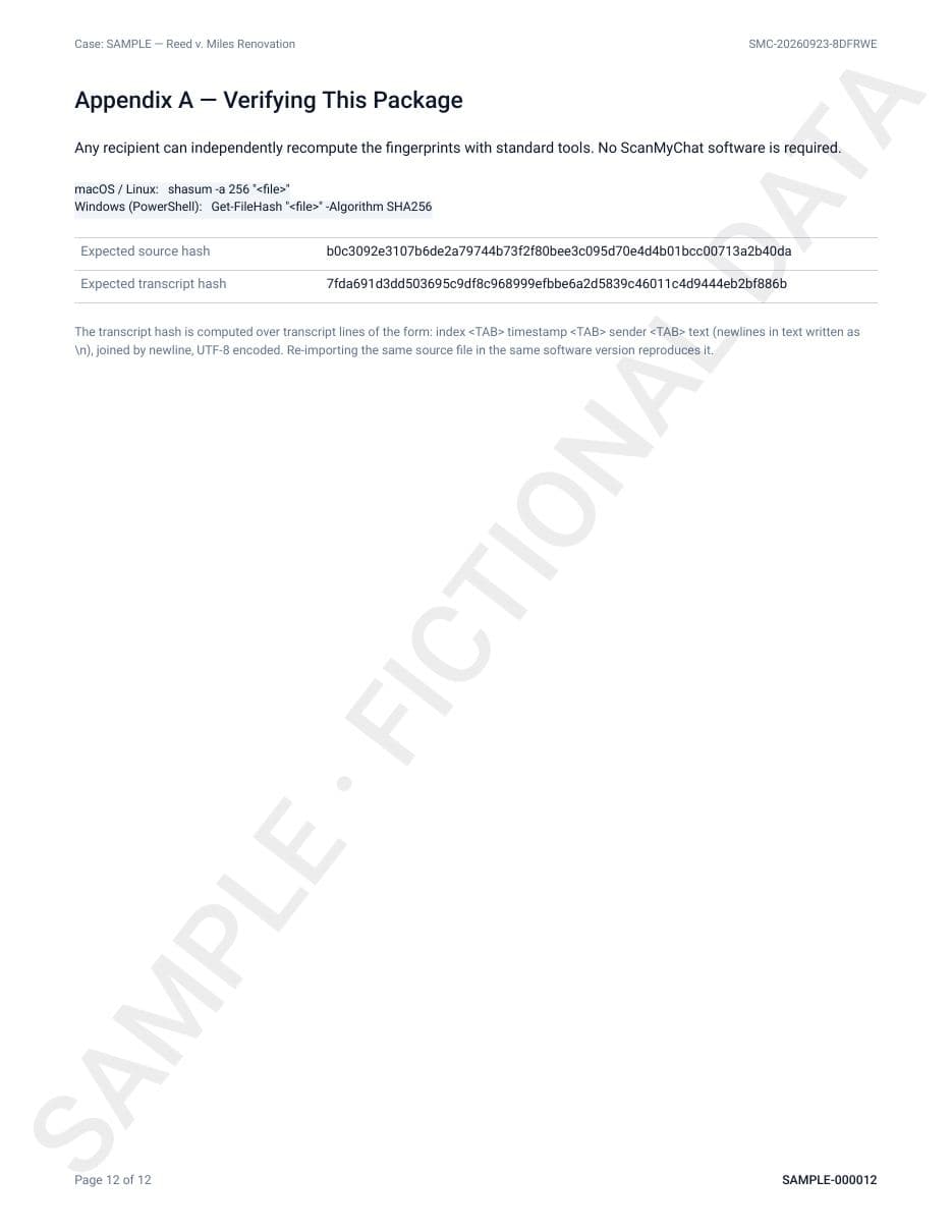 Sample report page 12: Appendix: verifying the package